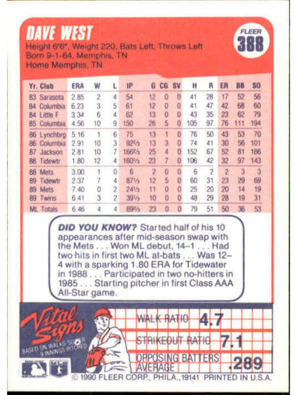 1990 Dave West Fleer Baseball Card #388 - Picture 2 of 2